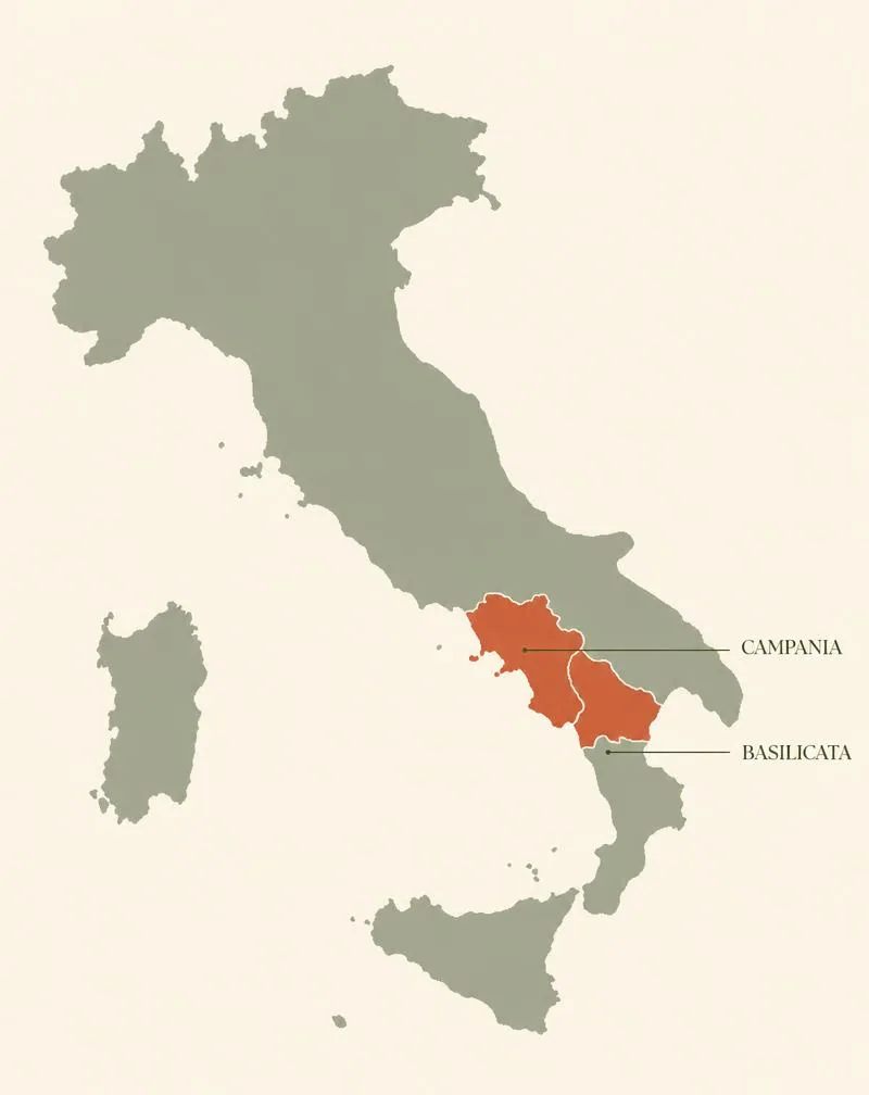 Karta över Italien med Kampanien och Basilicata markerade — områdena där druvan Aglianico odlas