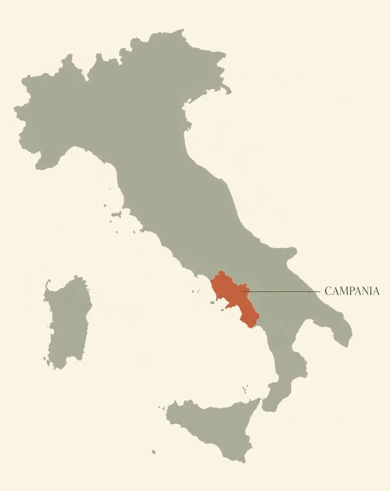 Karta över Italien med Kampanien markerat — området där druvan Greco di Tufo odlas