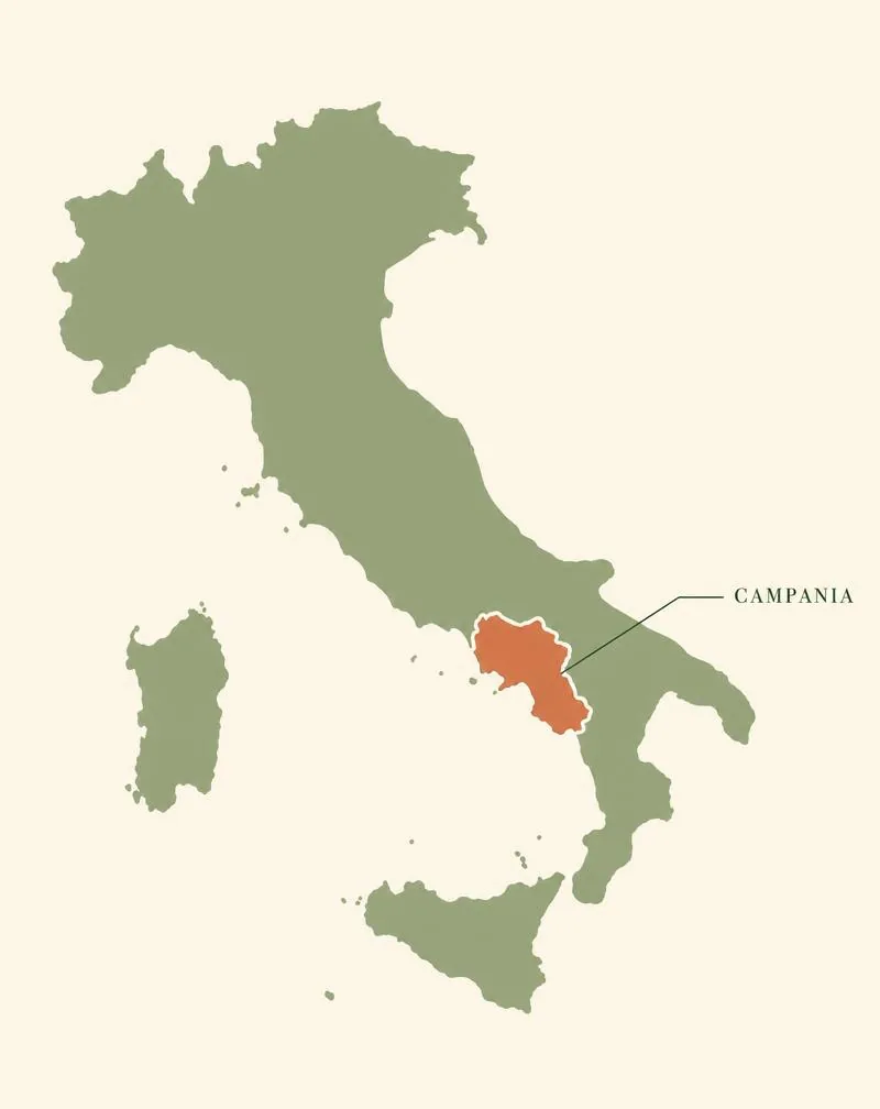 Map of Italy with Campania highlighted — the Irpinia wine district