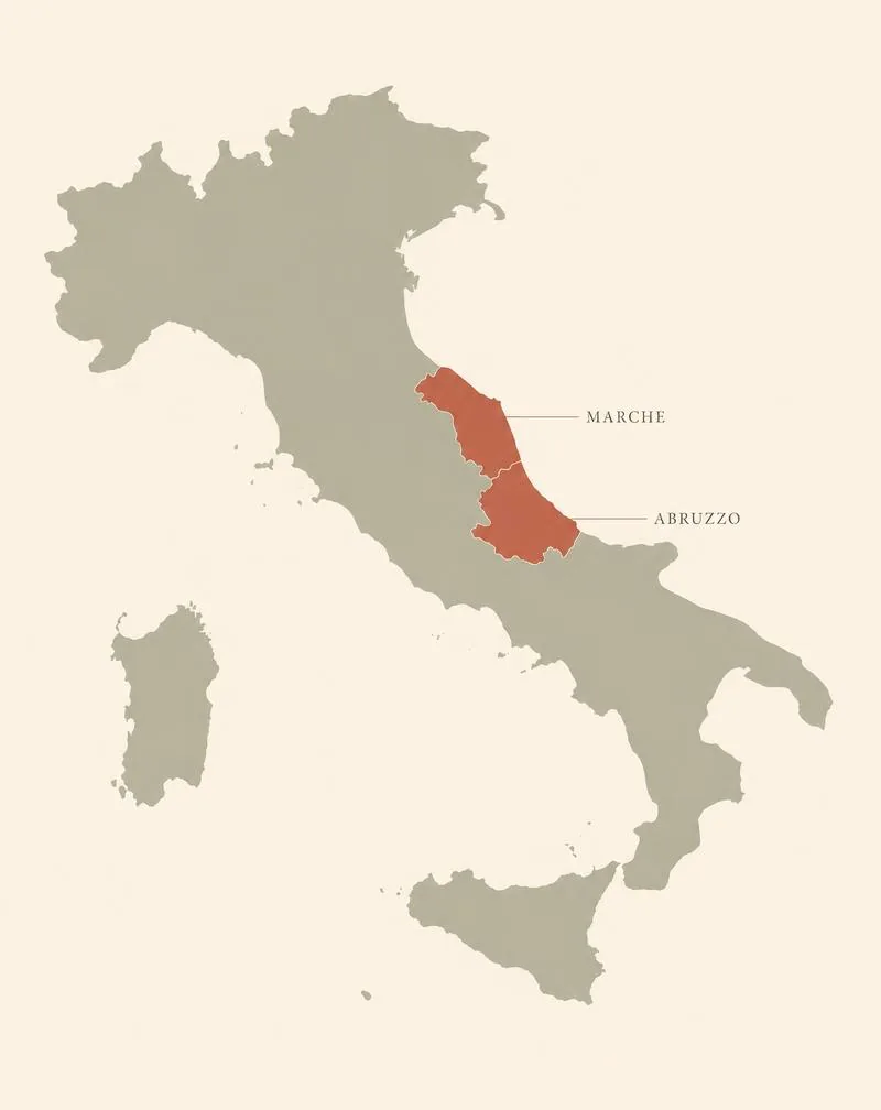 Karta över Italien med Marche och Abruzzo markerade — områdena där druvan Pecorino odlas
